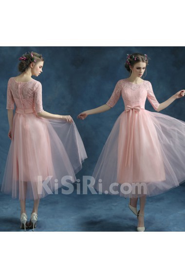 Lace, Chiffon, Tulle Jewel Tea-Length Half Sleeve A-line Dress with Embroidered, Bow