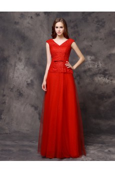 Organza, Lace V-neck Floor Length Cap Sleeve A-line Dress with Bow
