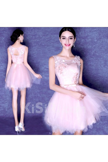 Lace, Organza Scoop Mini/Short Sleeveless Ball Gown Dress with Bow, Beads