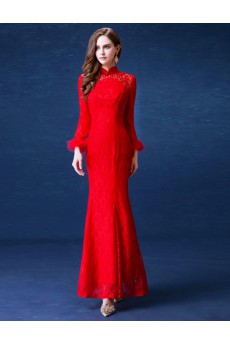 Lace High Collar Ankle-Length Long Sleeve Sheath Dress with Sequins