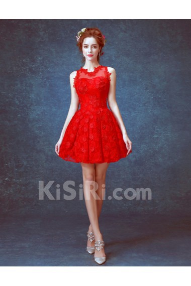 Lace, Organza V-neck Mini/Short Sleeveless Ball Gown Dress with Embroidered
