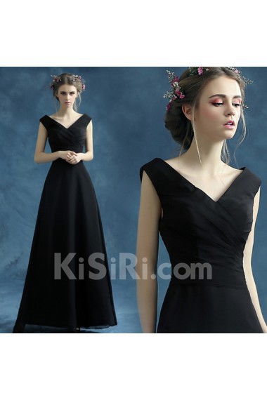 Chiffon V-neck Floor Length Cap Sleeve A-line Dress with Ruched