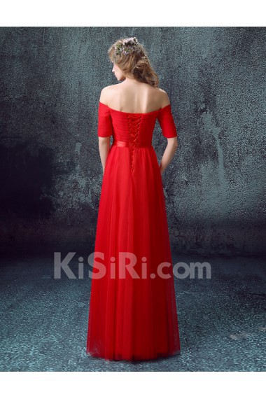 Tulle Off-the-Shoulder Floor Length Short Sleeve A-line Dress with Sash
