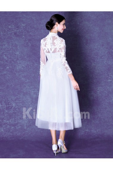 Organza High Collar Tea-Length Long Sleeve A-line Dress with Beads