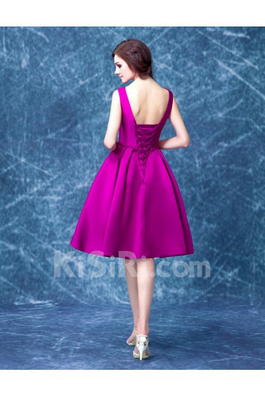 Satin V-neck Knee-Length Sleeveless Ball Gown Dress with Bow