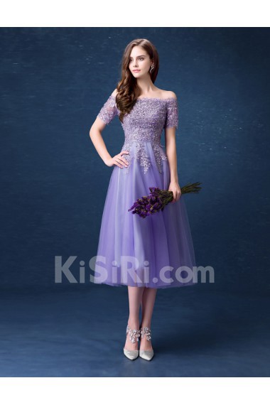 Organza, Lace Off-the-Shoulder Tea-Length Short Sleeve A-line Dress with Sequins