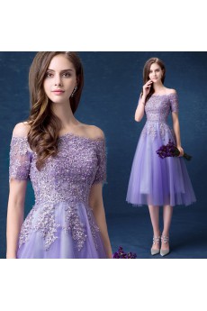 Organza, Lace Off-the-Shoulder Tea-Length Short Sleeve A-line Dress with Sequins