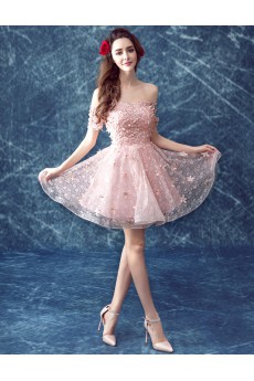 Tulle Off-the-Shoulder Mini/Short Ball Gown Dress with Rhinestone