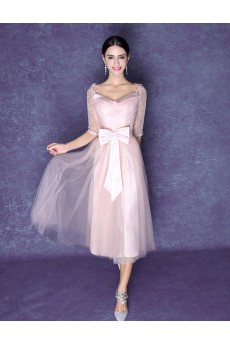Lace, Tulle V-neck Tea-Length Half Sleeve Sheath Dress with Bow