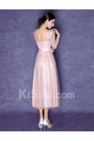 Lace, Tulle V-neck Tea-Length Half Sleeve Sheath Dress with Bow