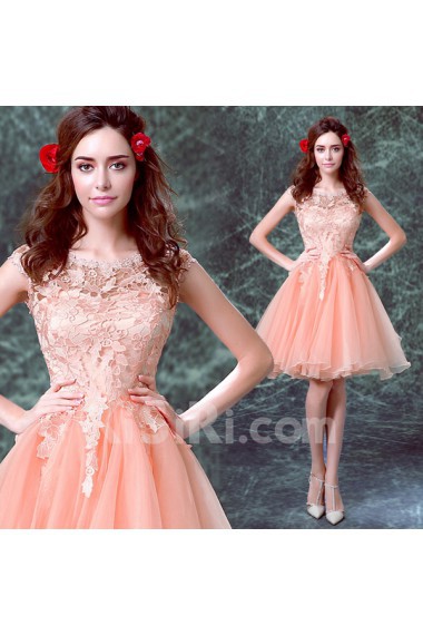 Lace, Tulle Jewel Mini/Short Cap Sleeve Ball Gown Dress with Embroidered