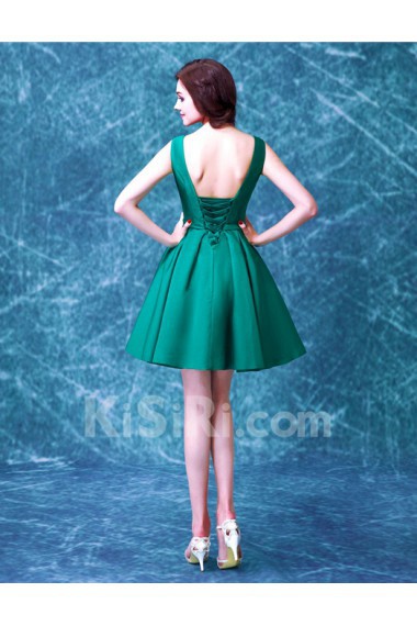 Satin V-neck Mini/Short Sleeveless A-line Dress with Bow
