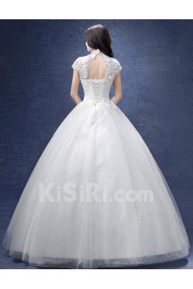 Tulle, Lace High Collar Floor Length Cap Sleeve Ball Gown Dress with Sequins