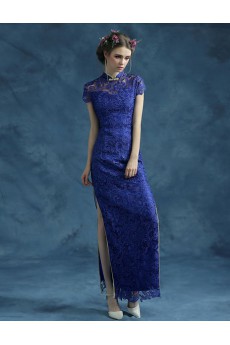 Lace High Collar Ankle-Length Cap Sleeve Sheath Dress with Embroidered