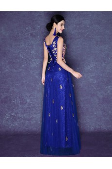 Tulle V-neck Floor Length Sleeveless A-line Dress with Rhinestone, Sequins