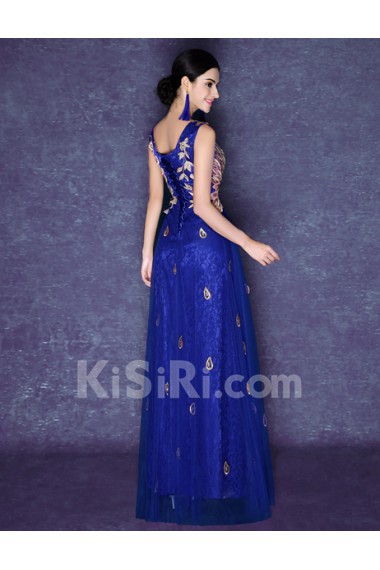 Tulle V-neck Floor Length Sleeveless A-line Dress with Rhinestone, Sequins