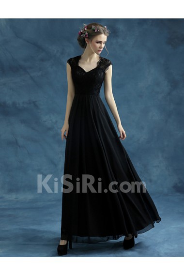 Lace, Chiffon, Tulle V-neck Floor Length Cap Sleeve A-line Dress with Embroidered