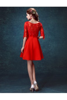 Tulle, Satin Bateau Mini/Short Half Sleeve A-line Dress with Embroidered