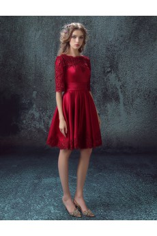 Lace, Satin, Tulle Bateau Knee-Length Half Sleeve A-line Dress with Embroidered
