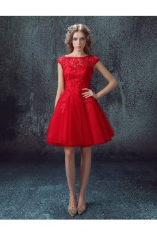 Lace, Organza Scoop Mini/Short Cap Sleeve Ball Gown Dress with Embroidered