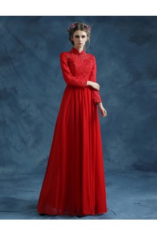 Lace High Collar Floor Length Long Sleeve Sheath Dress