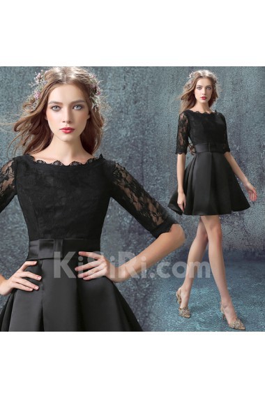 Lace, Satin Scoop Mini/Short Half Sleeve Ball Gown Dress with Embroidered, Bow