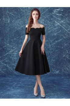 Satin Off-the-Shoulder Tea-Length A-line Dress