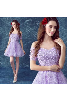 Lace Off-the-Shoulder Mini/Short Short Sleeve Ball Gown Dress with Pearl, Rhinestone