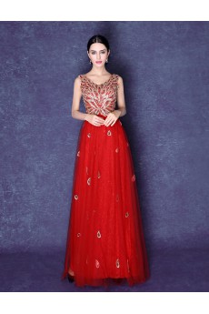 Lace, Organza V-neck Floor Length Sleeveless A-line Dress with Embroidered, Sequins