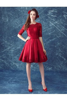 Satin, Lace Scoop Knee-Length Half Sleeve Ball Gown Dress with Embroidered