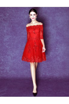 Tulle Off-the-Shoulder Mini/Short Half Sleeve A-line Dress with Sequins