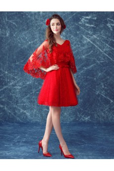 Lace, Tulle V-neck Mini/Short A-line Dress with Bow