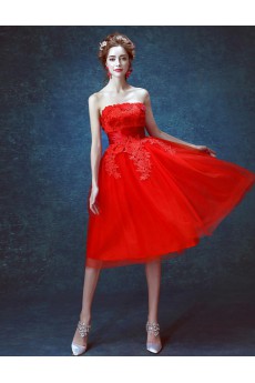 Lace, Organza Strapless Tea-Length Sleeveless Ball Gown Dress with Handmade Flowers