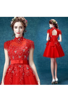 Lace, Tulle High Collar Mini/Short Cap Sleeve Ball Gown Dress with Beads, Bow