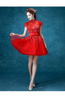 Lace, Tulle High Collar Mini/Short Cap Sleeve Ball Gown Dress with Beads, Bow