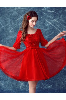 Lace, Organza Scoop Mini/Short Half Sleeve Ball Gown Dress with Sequins, Bow