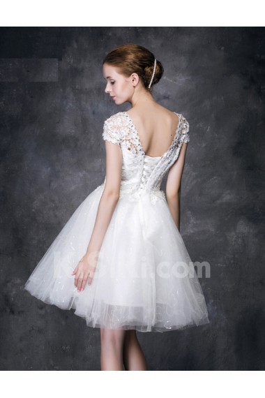 Lace, Satin Scoop Mini/Short Cap Sleeve Ball Gown Dress with Beads