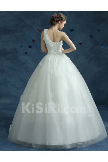 Organza One-shoulder Floor Length Sleeveless Ball Gown Dress with Pearl
