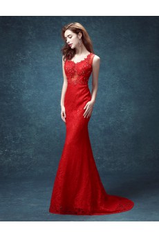 Lace, Tulle V-neck Sweep Train Sleeveless Mermaid Dress with Embroidered