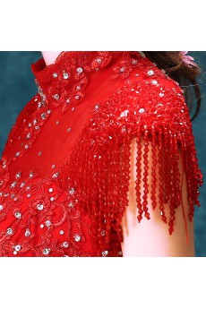 Lace, Tulle High Collar Floor Length Cap Sleeve A-line Dress with Beads, Rhinestone