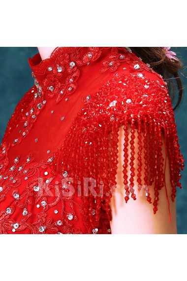 Lace, Tulle High Collar Floor Length Cap Sleeve A-line Dress with Beads, Rhinestone