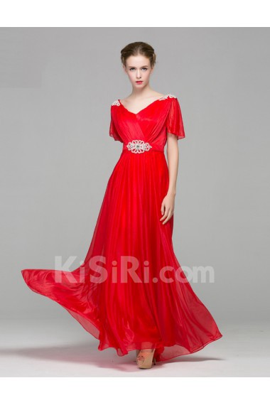 Organza, Lace, Satin V-neck Floor Length Short Sleeve A-line Dress with Rhinestone