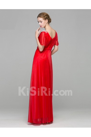 Organza, Lace, Satin V-neck Floor Length Short Sleeve A-line Dress with Rhinestone