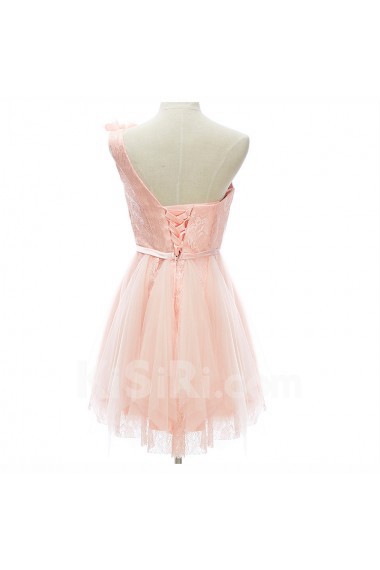 Lace, Tulle, Satin One-shoulder Mini/Short Sleeveless A-line Dress with Handmade Flowers, Bow