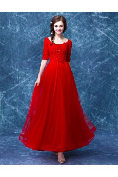 Lace, Tulle Scoop Floor Length Half Sleeve A-line Dress with Sequins, Bow