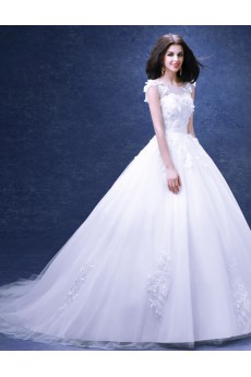 Lace, Organza Jewel Chapel Train Cap Sleeve Ball Gown Dress with Handmade Flowers