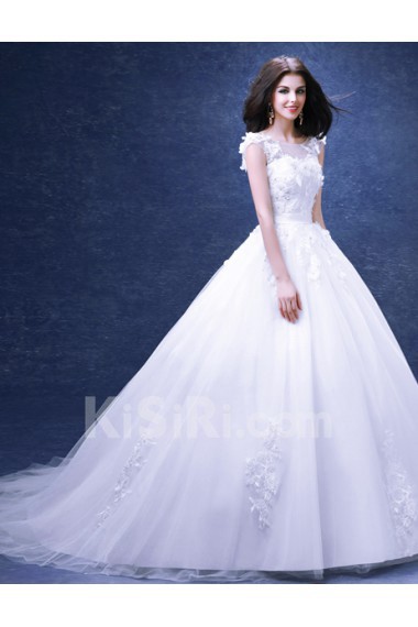 Lace, Organza Jewel Chapel Train Cap Sleeve Ball Gown Dress with Handmade Flowers