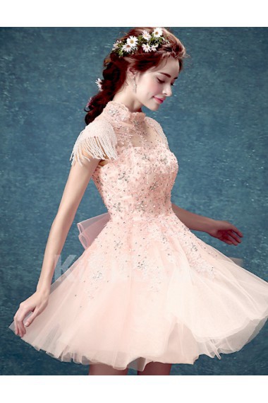 SequinsLace, Tulle High Collar Mini/Short Cap Sleeve Ball Gown Dress with Beads, Rhinestone