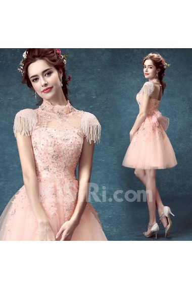SequinsLace, Tulle High Collar Mini/Short Cap Sleeve Ball Gown Dress with Beads, Rhinestone