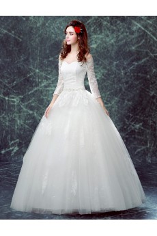 Organza Off-the-Shoulder Floor Length Three-quarter Ball Gown Dress with Lace, Rhinestone